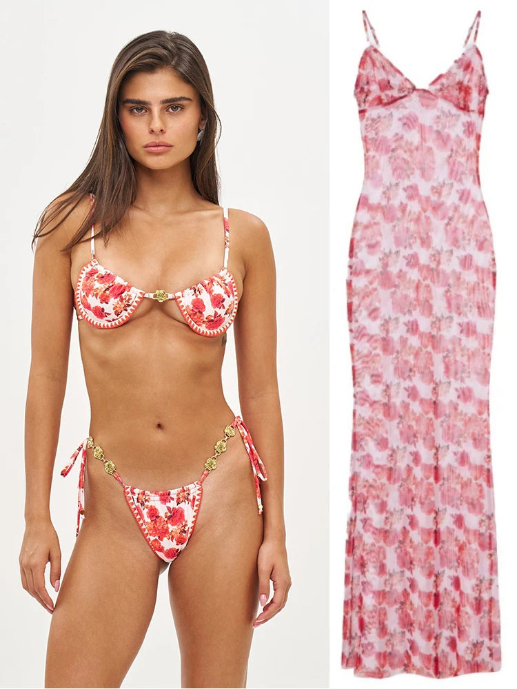 Long Dress Bikini Cover Up Print Mesh Swimwear