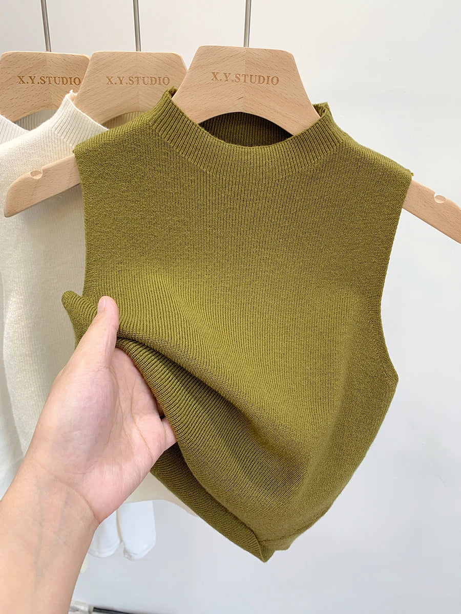 Débardeur Tricoté Femme Été Automne Pull Slim Court Sans Manches Couleur Unie Printemps Automne