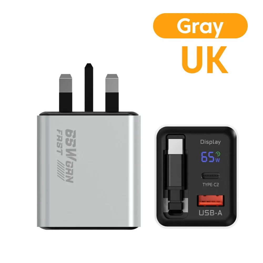 65W Digital Display Fast Charger With Retractable