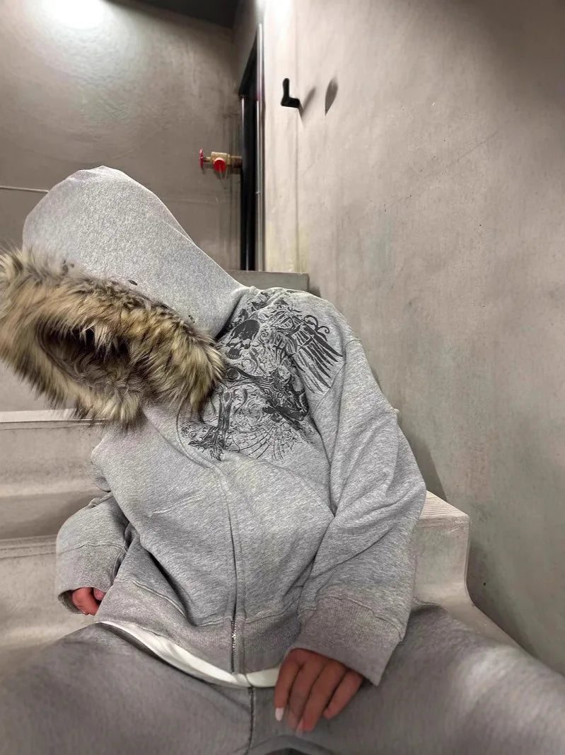 Automne/Hiver Y2k Femme Esthétique Harajuku Faux Col Fourrure Sweats à Capuche Vêtements Graphique Hip Hop Punk Gothique Zippé