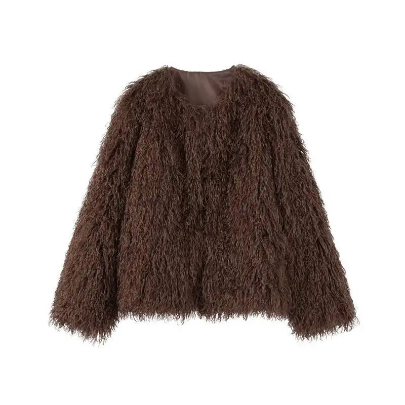 DEAT Fashion Brown Faux Fur Coat Women's Round Neck