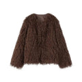 DEAT Fashion Brown Faux Fur Coat Women's Round Neck