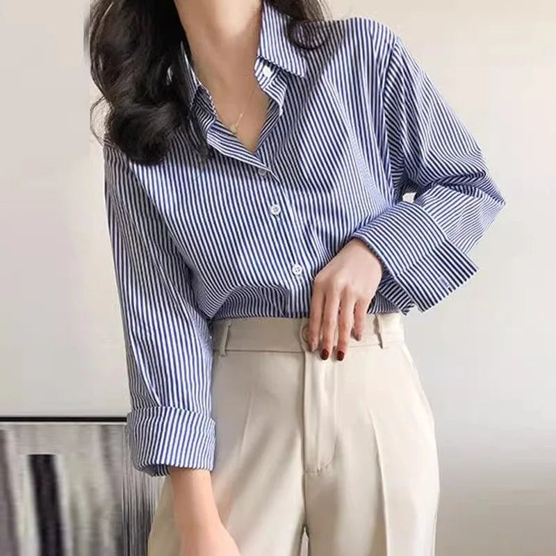Women's Striped Lantern Sleeve Stand Collar Blouse