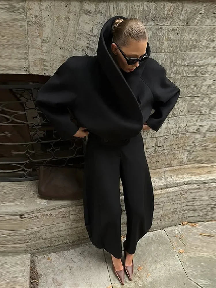 Manteau en laine pour femme à col montant, style urbain, ample, à manches longues et boutonnage, noir, veste féminine automne-hiver, vêtement d'extérieur pour femme