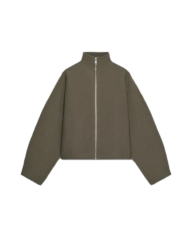 Vintage Stand Collar Women's Cropped Jacket Zipper