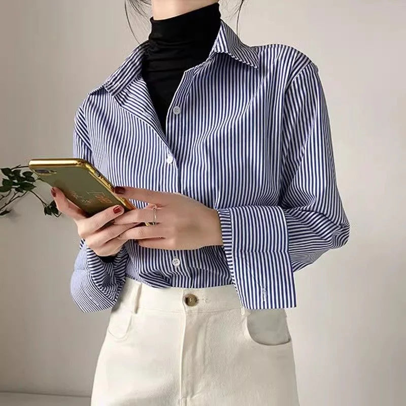 Women's Striped Lantern Sleeve Stand Collar Blouse