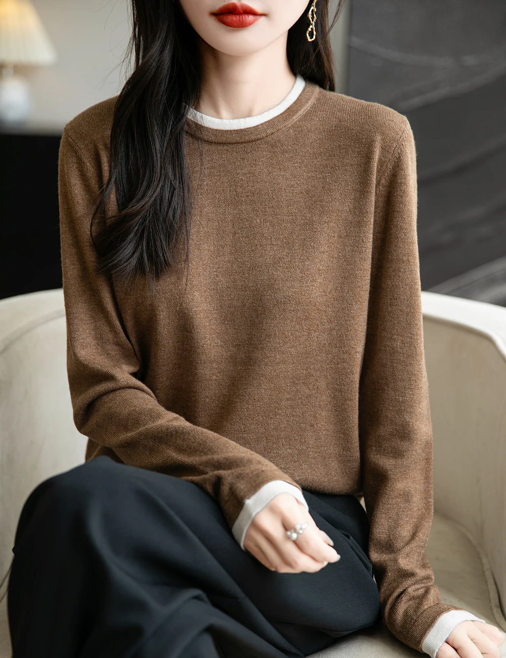 T-shirt fin à col rond pour femme, pull en tricot, printemps été, basique, manches longues, fausse laine, doux, vêtements pour femme
