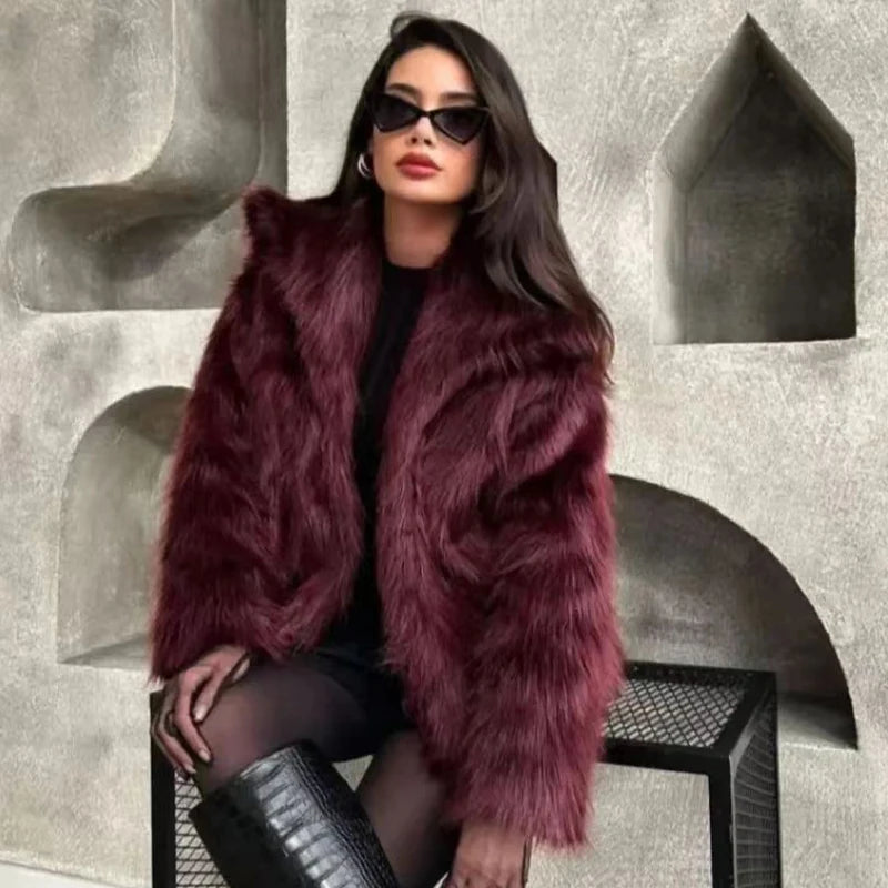 HXAO Women's Fur Coat Women 2024 Plush Burgundy Bomber