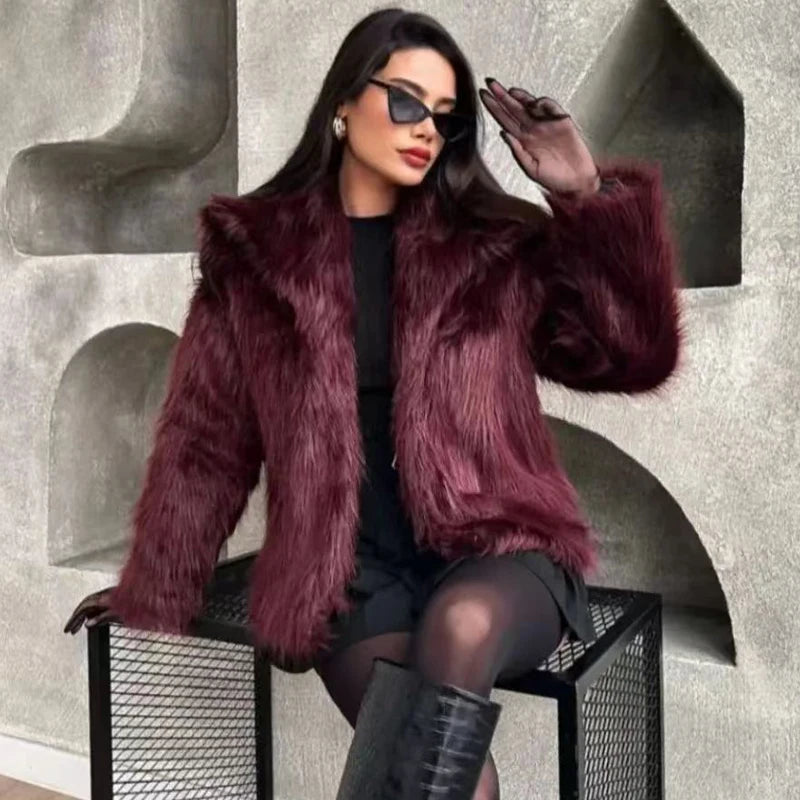HXAO Women's Fur Coat Women 2024 Plush Burgundy Bomber