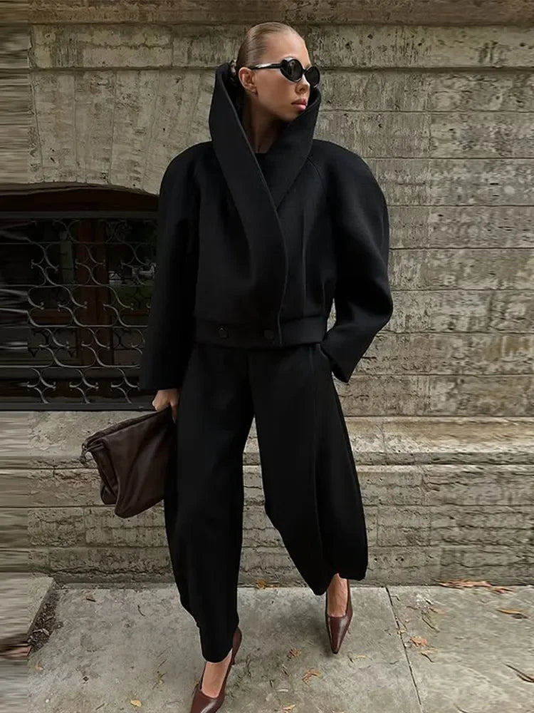 Manteau en laine pour femme à col montant, style urbain, ample, à manches longues et boutonnage, noir, veste féminine automne-hiver, vêtement d'extérieur pour femme