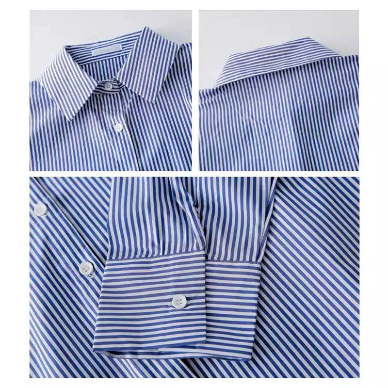 Women's Striped Lantern Sleeve Stand Collar Blouse