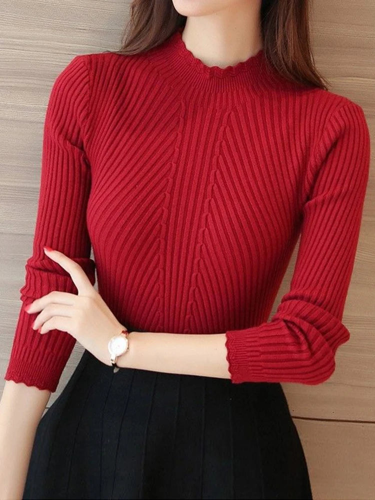Women's Mock Neck Ruffle Stripe Knit Pullover