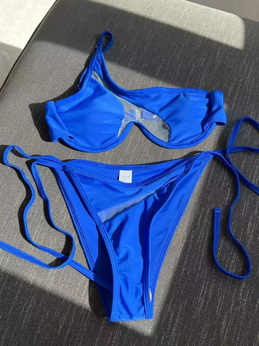 One Shoulder Mesh Bikinis Underwired V - Bar Bikini