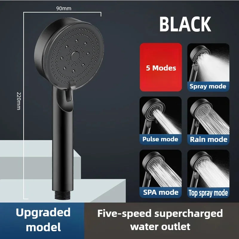 Black 5 Modes Shower Head Adjustable High