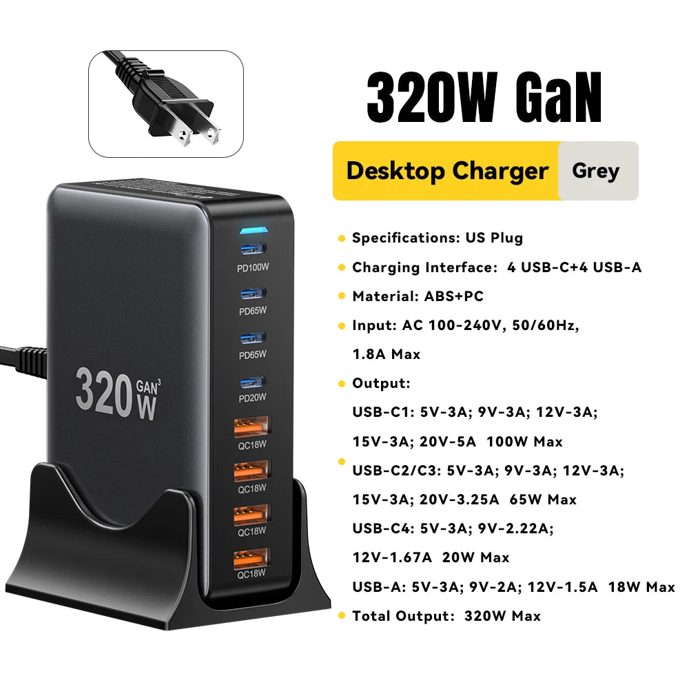 Essager 320W GaN Charger 8Port USB Type C Desktop