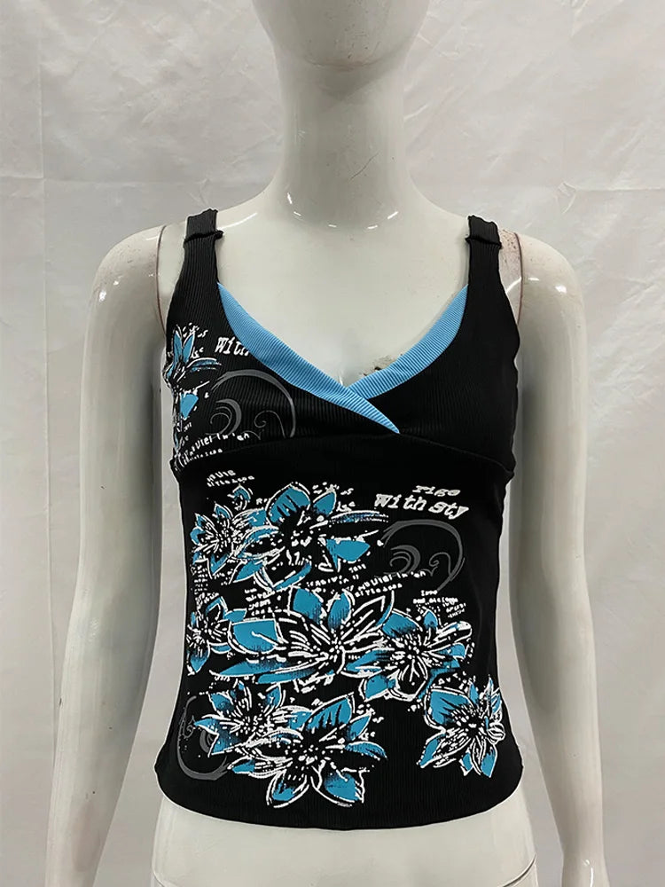 Summer Black Blue Floral Print V Neck Ribbed Side