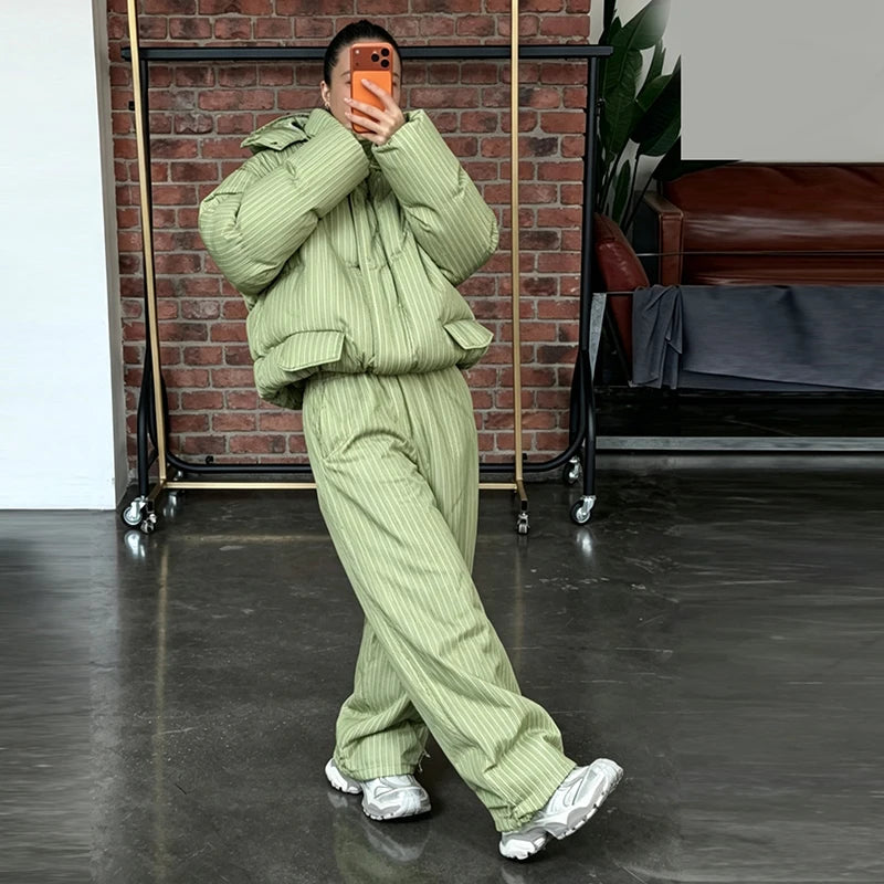 Women's Striped Puffer Jacket Two Piece Set Detachable