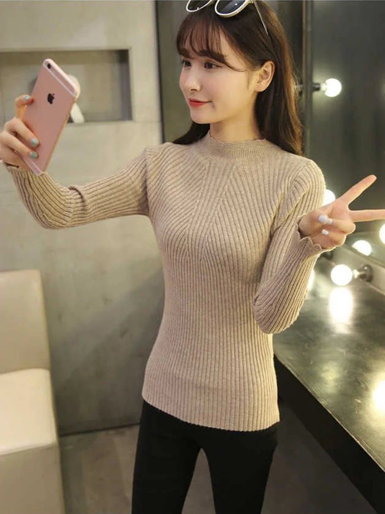 Women's Mock Neck Ruffle Stripe Knit Pullover