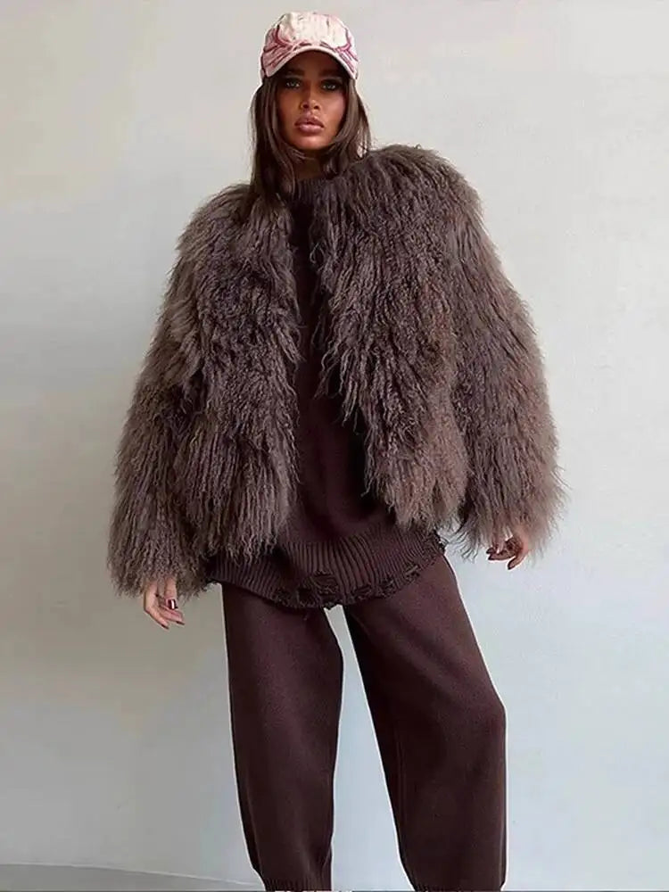 DEAT Fashion Brown Faux Fur Coat Women's Round Neck