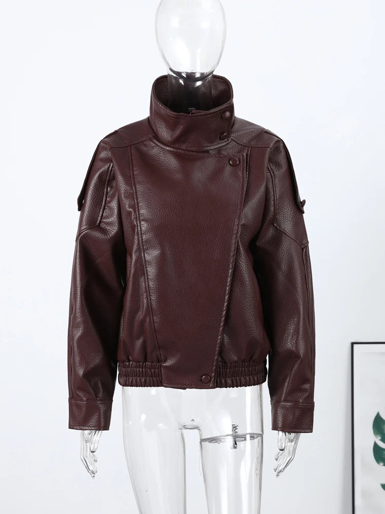 2026 Autumn Women's Faux Leather Jacket Brown Black