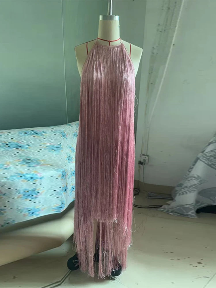 Robe de soirée pour femme, licou sans manches, dos nu, à pampilles, unie, longue, pour les vacances, élégante, d'été