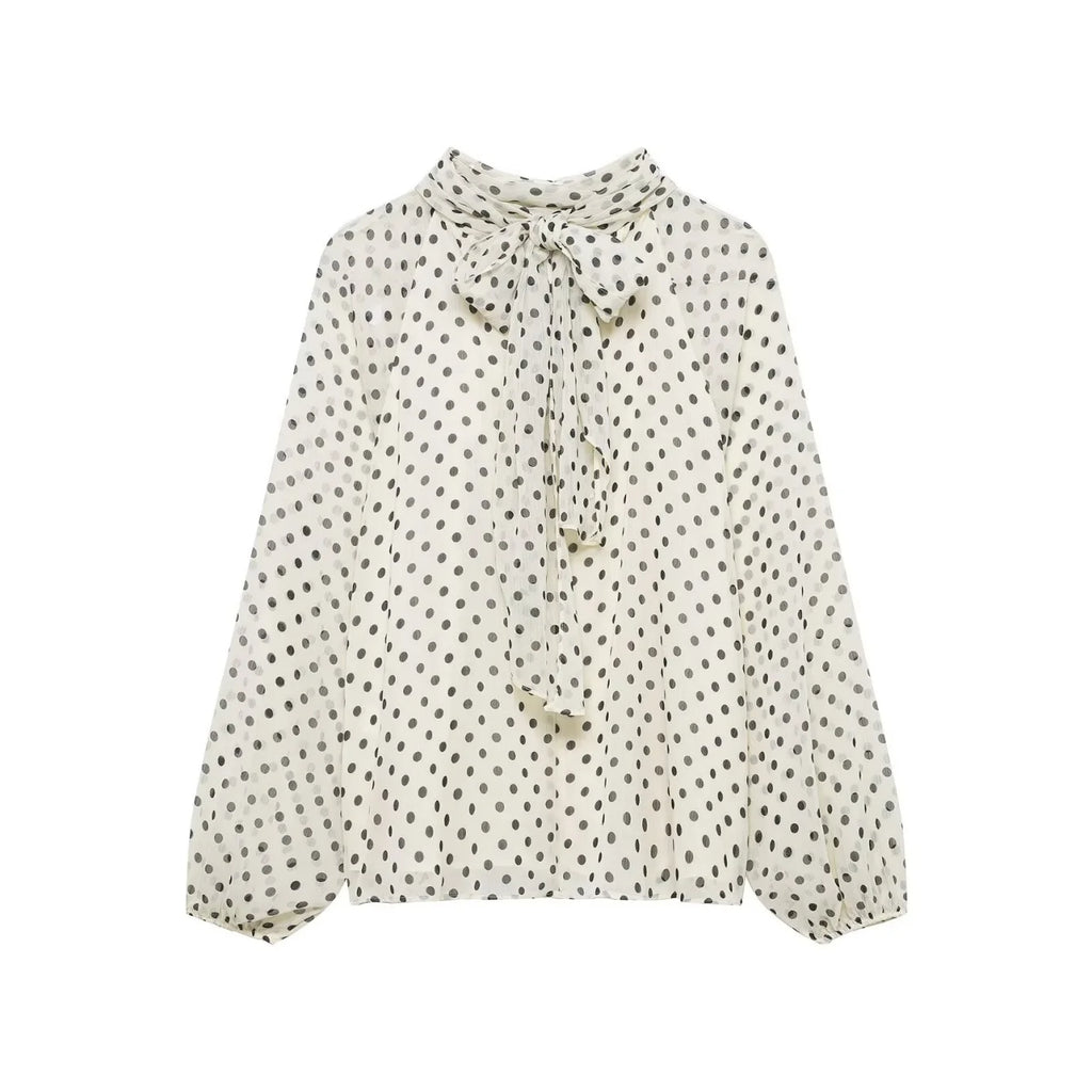 Women's Polka Dot Bow Lace - Up Long Sleeve Blouse