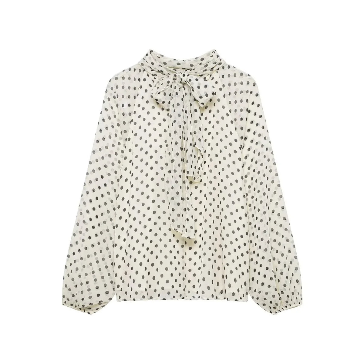 Women's Polka Dot Bow Lace - Up Long Sleeve Blouse