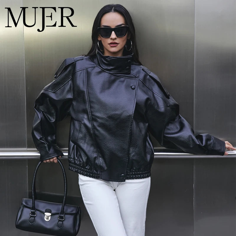 MUJER Faux Leather Women's Jacket Black Oversize Bomber