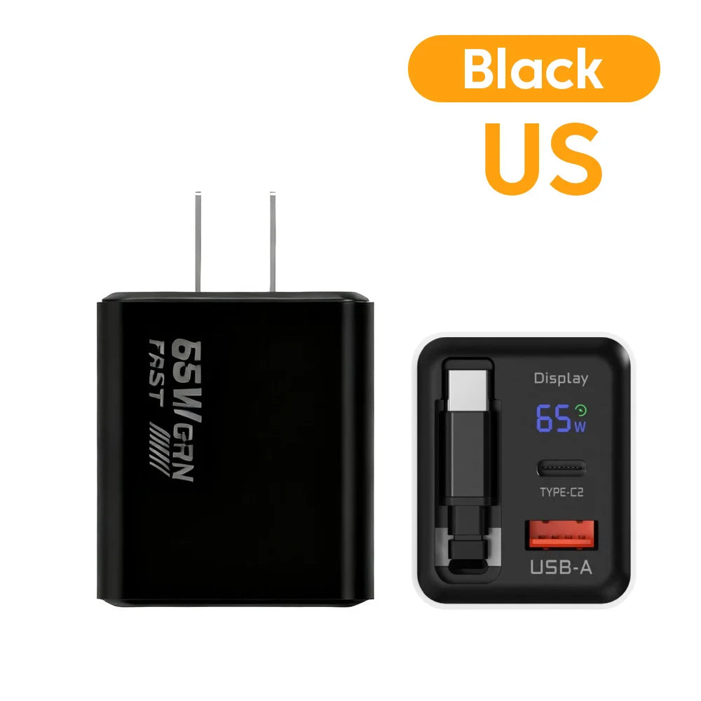 65W Digital Display Fast Charger With Retractable