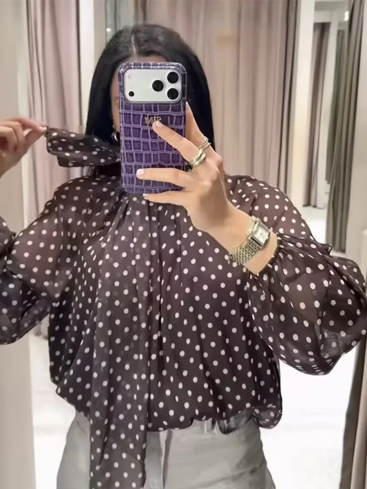 Women Polka Dot Print Blouse Casual High Collar Long