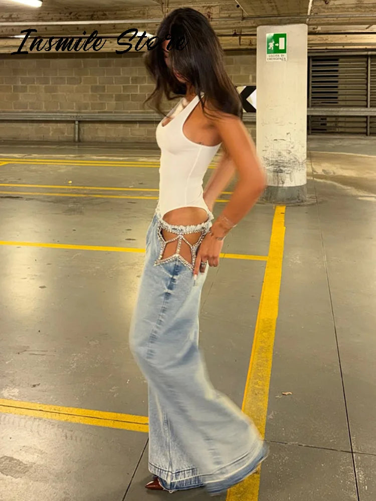 Jean étoile à taille haute et jambe large pour femme