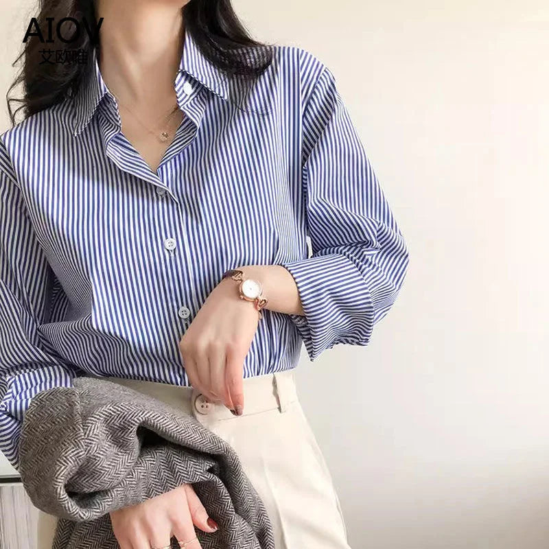 Women's Striped Lantern Sleeve Stand Collar Blouse