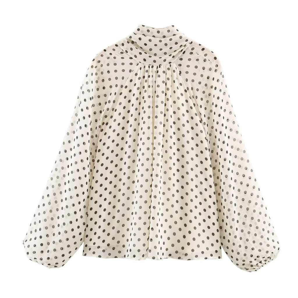 Women Polka Dot Print Blouse Casual High Collar Long