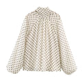 Women Polka Dot Print Blouse Casual High Collar Long