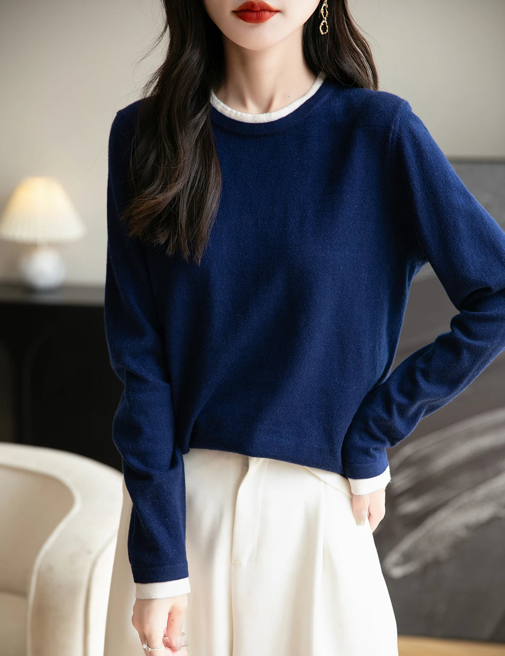 T-shirt fin à col rond pour femme, pull en tricot, printemps été, basique, manches longues, fausse laine, doux, vêtements pour femme