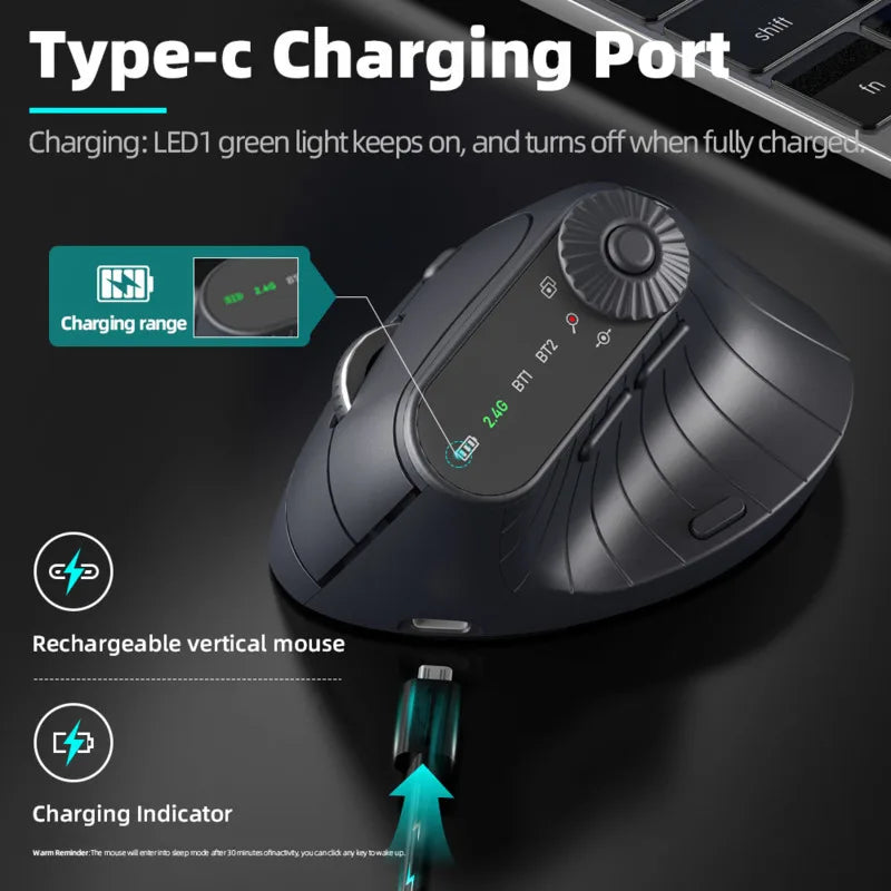Souris ergonomique verticale multi-appareils avec bouton de réglage des fonctions, souris sans fil Bluetooth 2.4G rechargeable pour PC et tablette