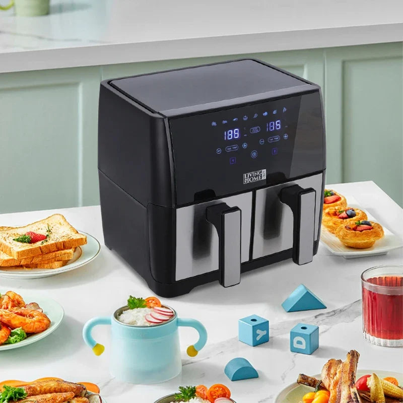 Friteuse à air double panier KOMORE 8L 1700W avec écran tactile, température réglable de 80°C à 200°C, minuterie de 30 min et arrêt automatique