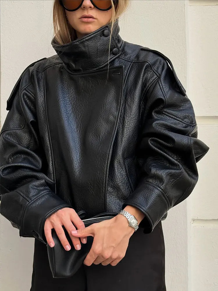Women's Faux Leather Zip Jacket Streetwear Coat