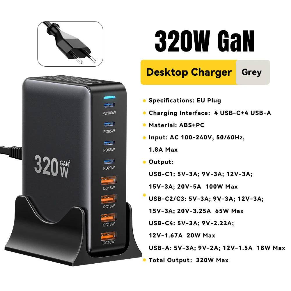 Essager 320W GaN Charger 8Port USB Type C Desktop