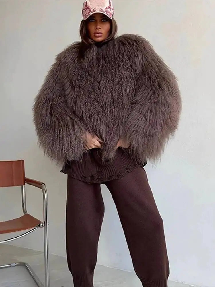 DEAT Fashion Brown Faux Fur Coat Women's Round Neck