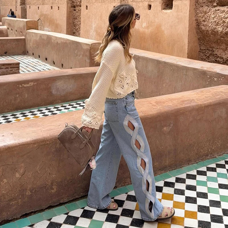 Jean étoile à taille haute et jambe large pour femme