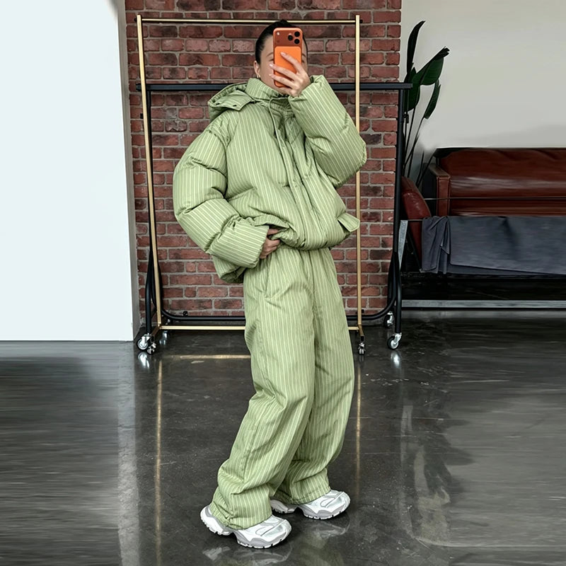 Women's Striped Puffer Jacket Two Piece Set Detachable