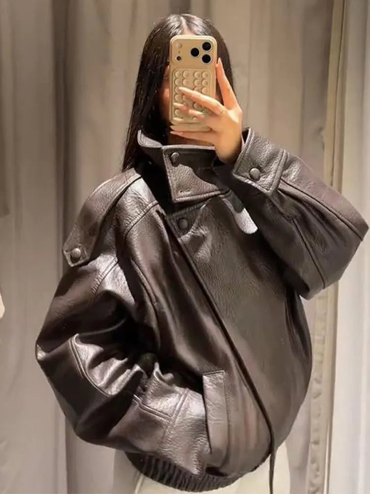 2026 Autumn Women's Faux Leather Jacket Brown Black