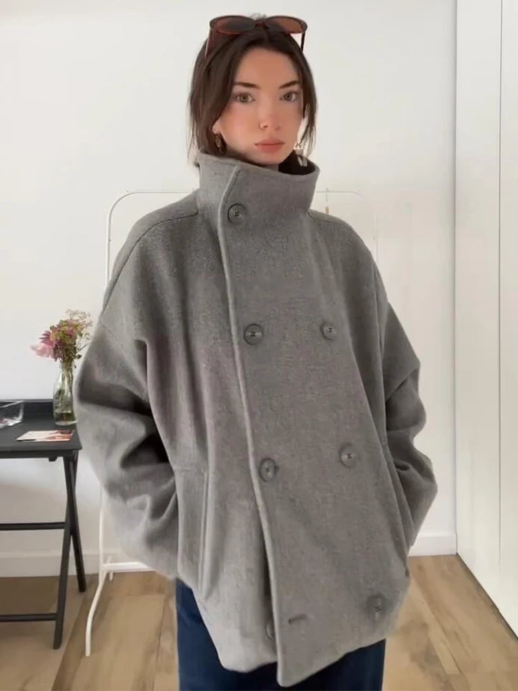 Fur Woolen Women's Jacket High Neck Long Sleeve Double