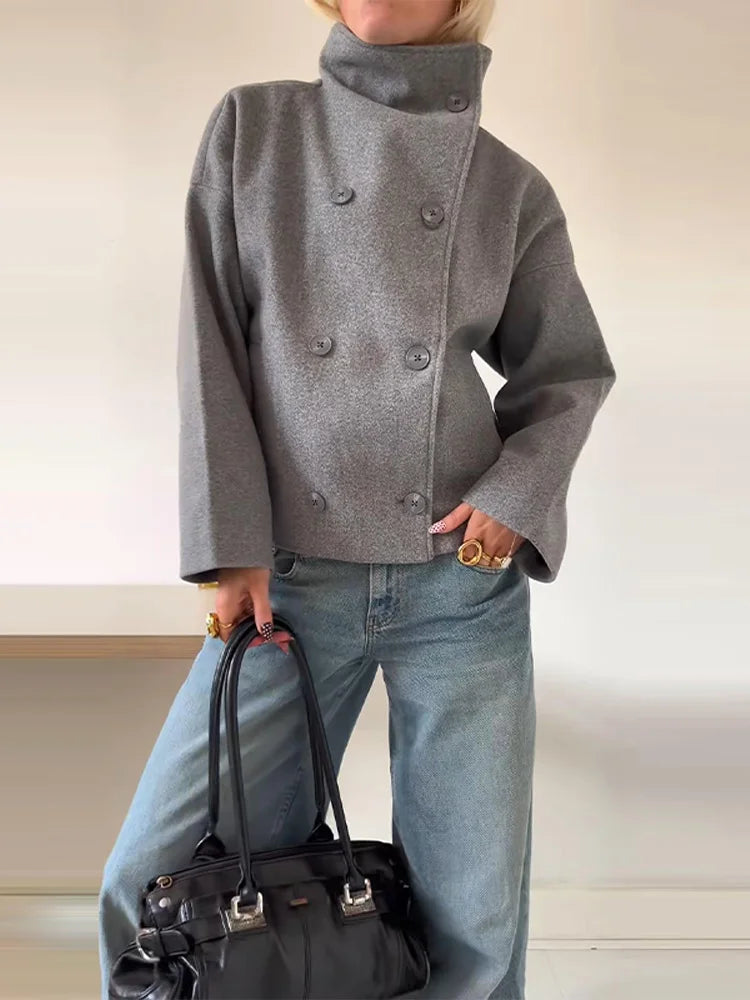 Fur Woolen Women's Jacket High Neck Long Sleeve Double