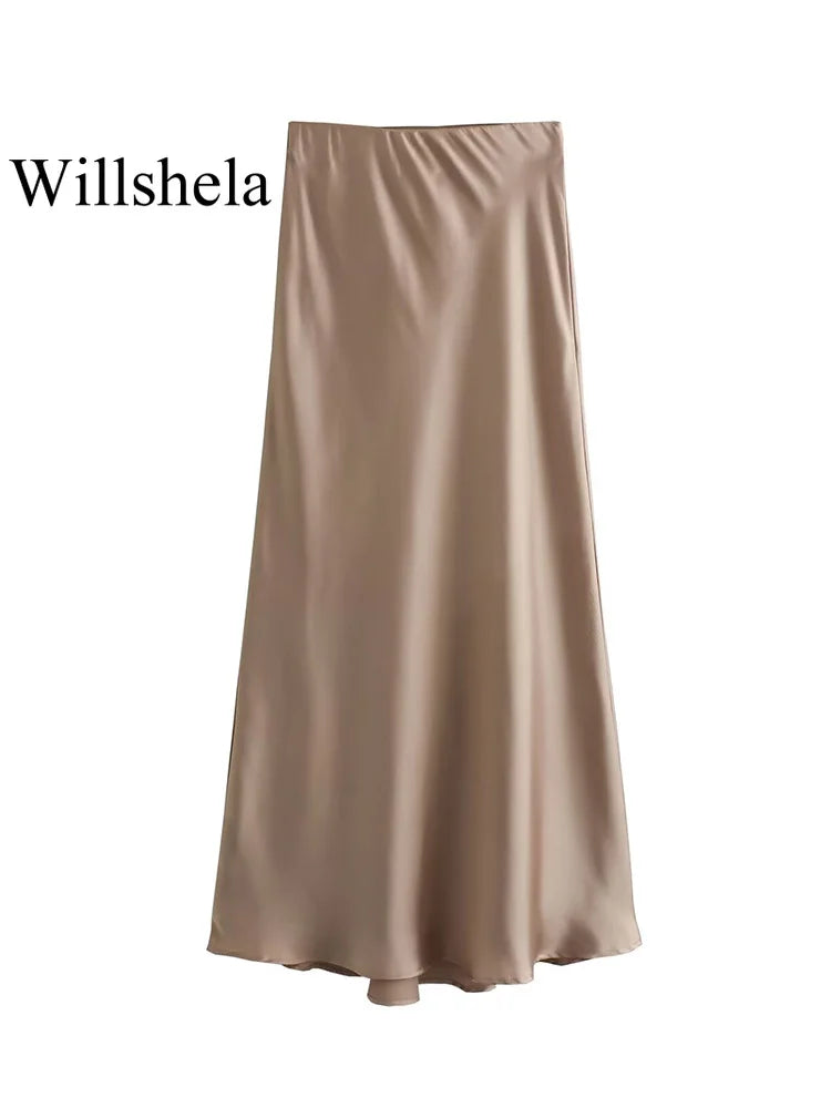 Willshela 2024 Black Satin Skirt Woman High Waist