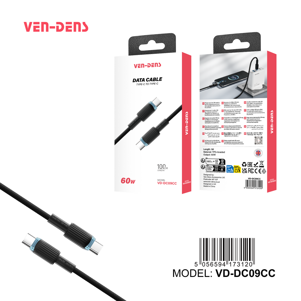 USB - C 60W TPE Braided Charging Cable - Black