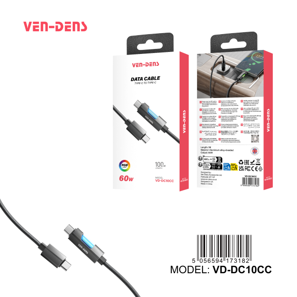 USB C to USB C 60W Aluminium Alloy Braided Black RGB