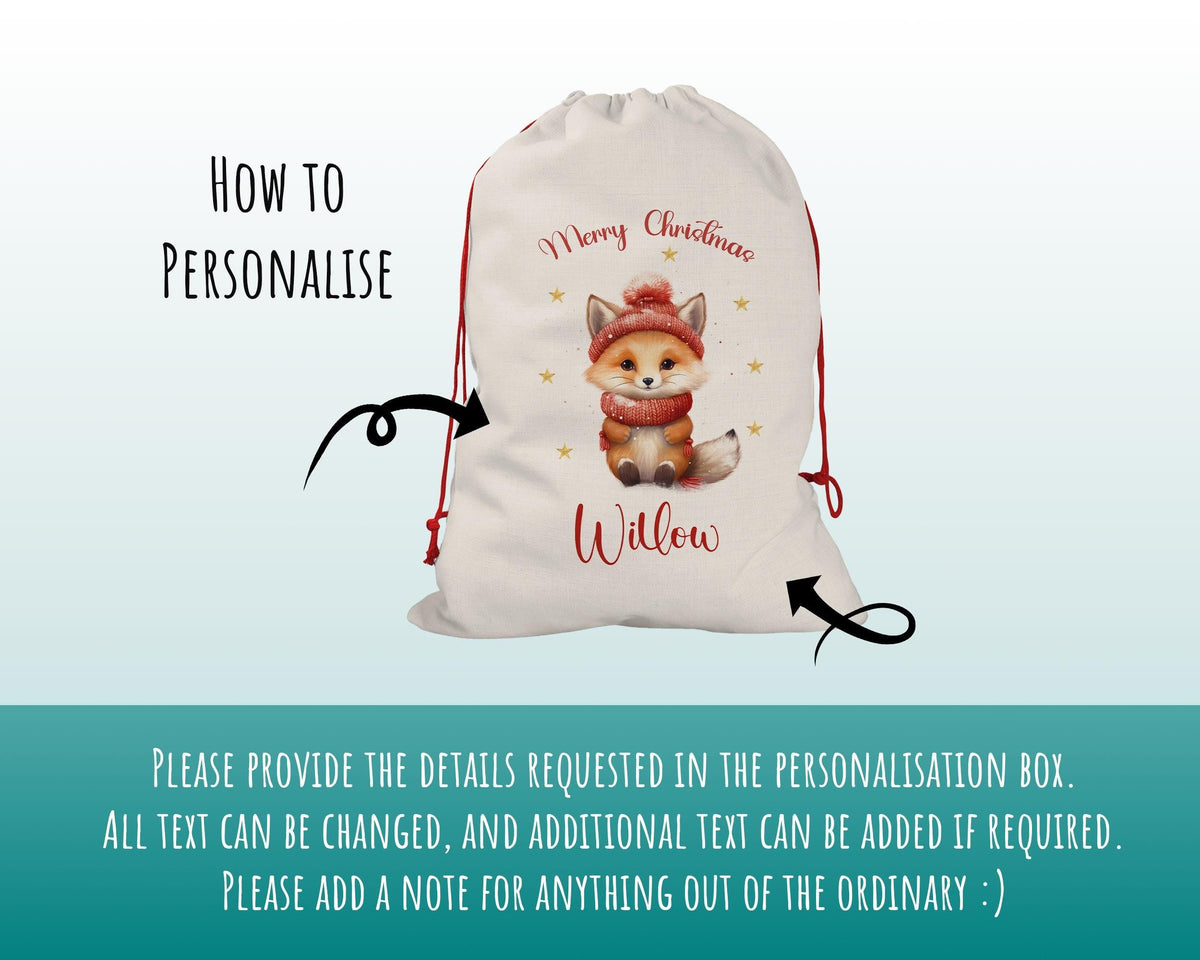 Personalized Christmas Sack - Cute Winter Fox Design