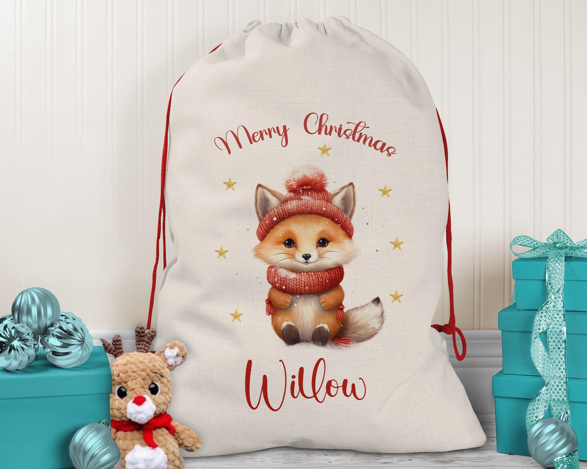 Personalized Christmas Sack - Cute Winter Fox Design